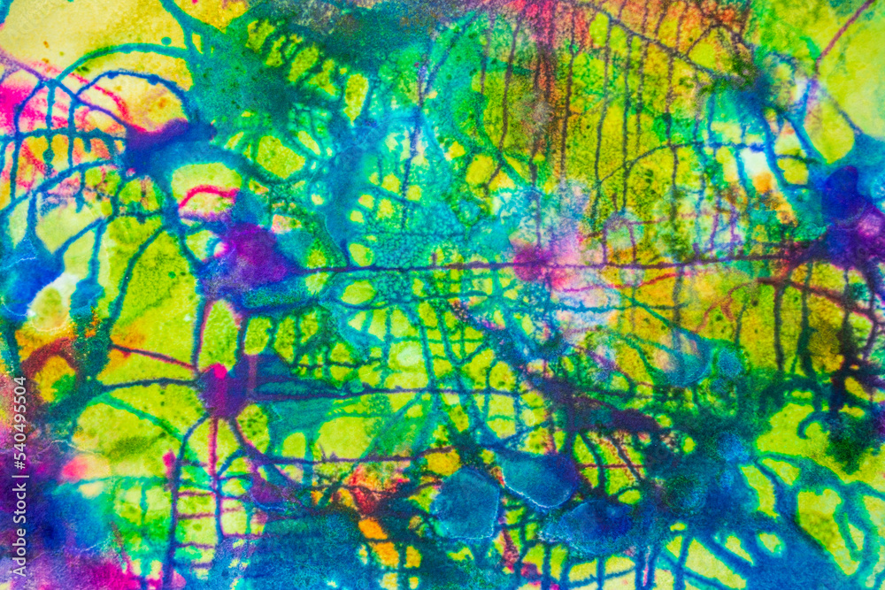 Organic texture made with colored liquid watercolor on white paper with drops going in all directions