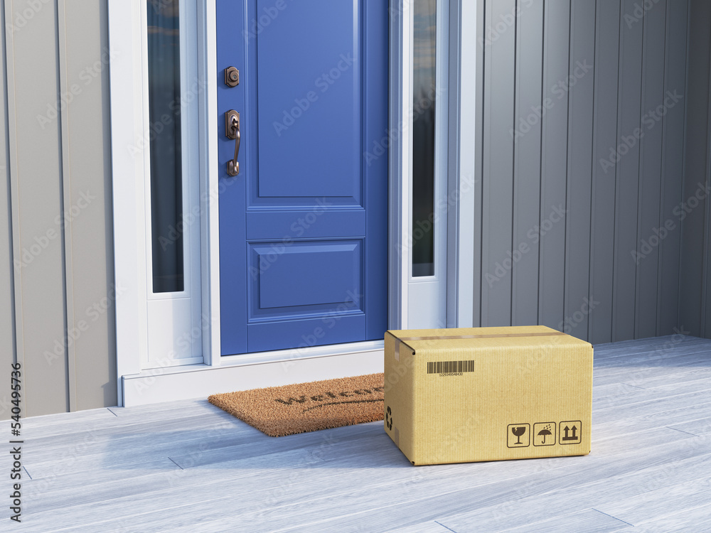 Online purchase delivery service concept. Cardboard parcel box delivered outside the door