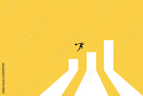 Businessman running and jumping on bar chart. concept of Business growth, increase earning and profit.