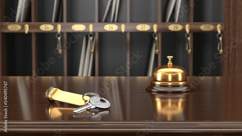 Service, hotel concept. Golden reception bell and hotel key on hotel reception desk - 3d illustration