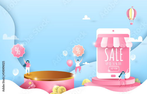 online shopping. golden podium blue background paper cut. Version 2