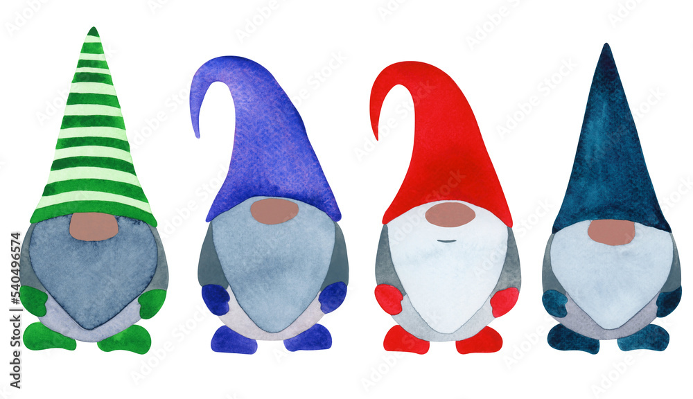 Obraz premium A set of watercolor Christmas gnomes. Watercolor Christmas illustration.