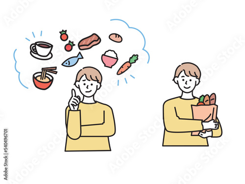 献立のイラスト(健康、バランス、食事、栄養、ダイエット、食習慣、一人暮らし) Illustration of the menu.Health, balance, diet, nutrition, diet, eating habits, living alone.
