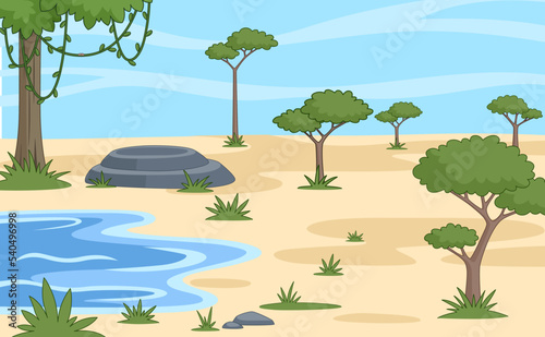 Savannah landscape cartoon. African area, desert or oasis wirt puddle and green tree. Vector empty Africa background, game location