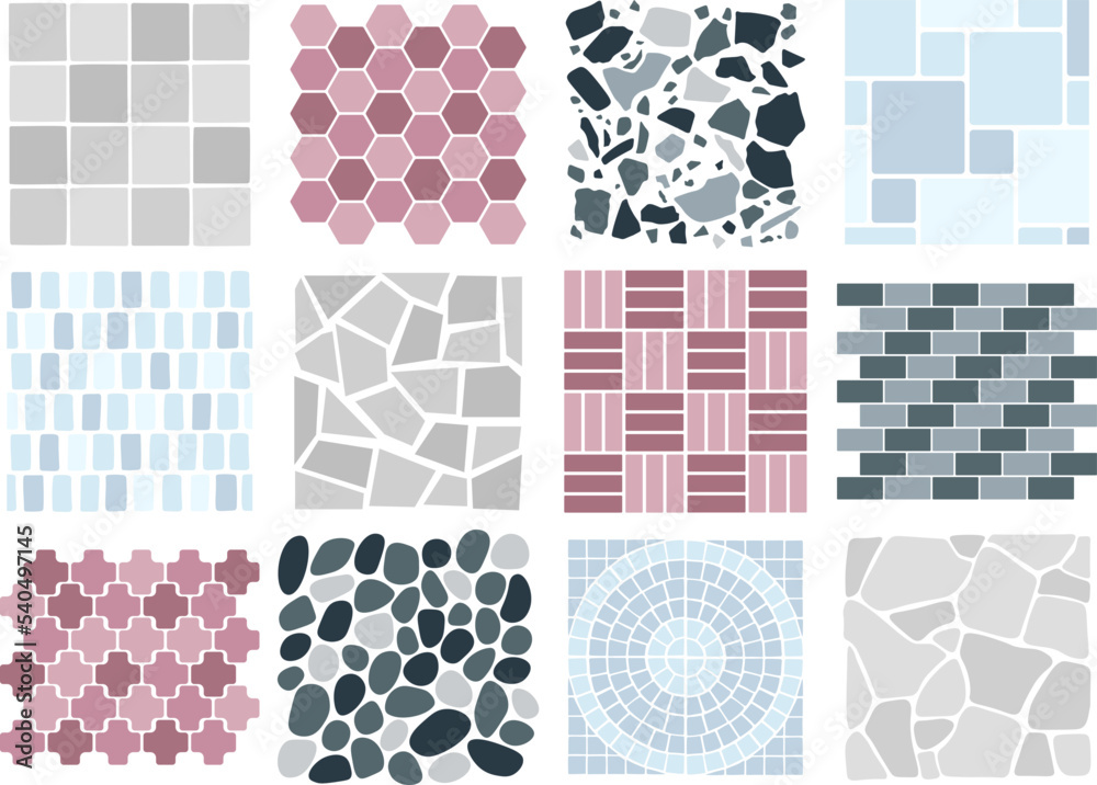 Stone paving tiles patterns. Colorful brick and granite yard walkway templates. Pavement or floor mosaic design. Racy exterior decorative design vector elements