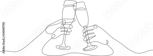 One line champagne glasses clink. Birthday or new year, art cheerful sparkling wine glass. Cheers, hand holding holiday drinks, continuous line tidy vector graphic