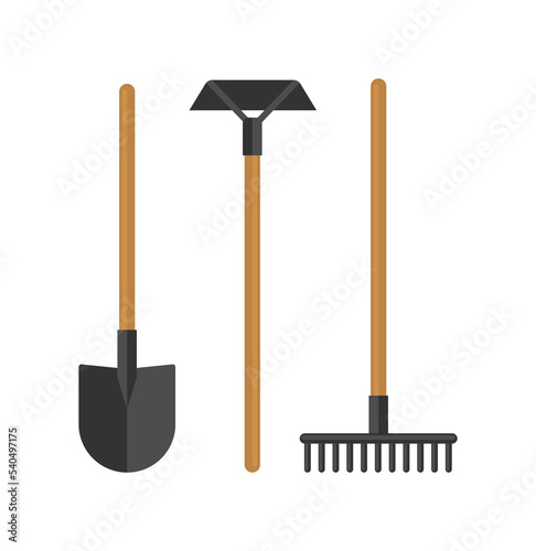 Garden tools set. Shovel, hoe, rake. Flat vector illustration isolated on white background.
