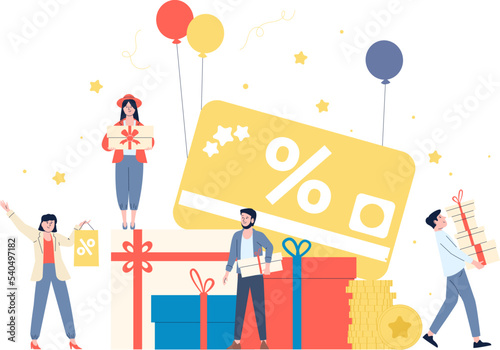 Client gift free and loyalty program concept. Gifting and rewards for customers, people on discounts and sale. Shop promoter, recent referral service vector scene