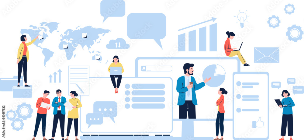 Online team work and communication. Virtual connection participation, global business network and smart innovation web office recent vector scene