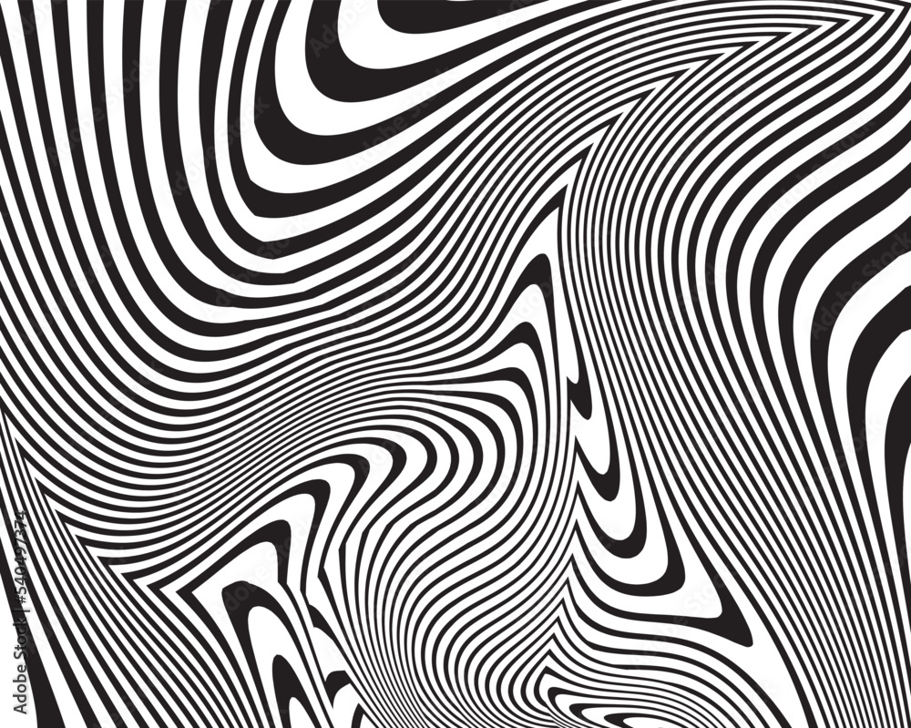 Line art optical art. Psychedelic background. Monochrome background. Optical illusion style. Black dark background. . Graphic ornament. Vector template