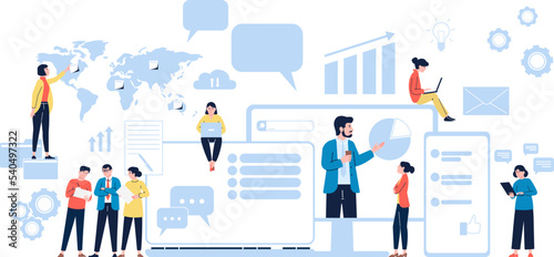 Online team work and communication. Virtual connection participation, global business network and smart innovation web office recent vector scene