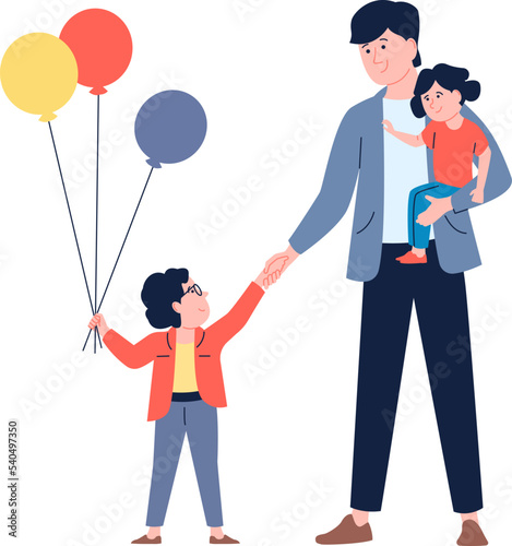 Happy father with son and daughter on festive day. Fathers day scene, cute boy hold balloons. Isolated flat cartoon family recent vector characters