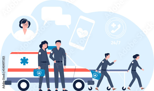 Ambulance service, smartphone call to emergency. Accident medical help. Paramedics characters and hospital car. Mobile medicine recent vector scene