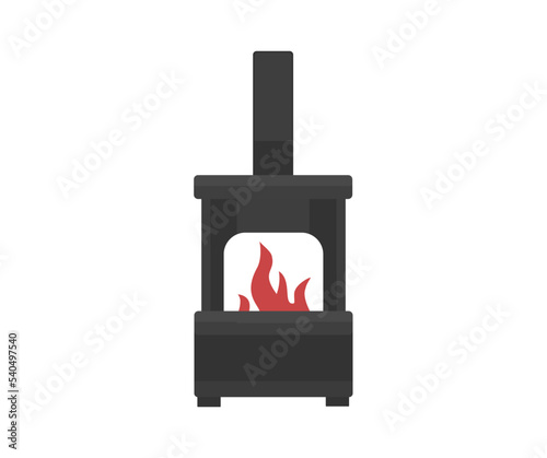 Iron potbelly stove for heating the apartment logo design. Old stove with chimney, antique cast iron stove with flames at the viewing window, plus vessel for firewood vector design and illustration.

