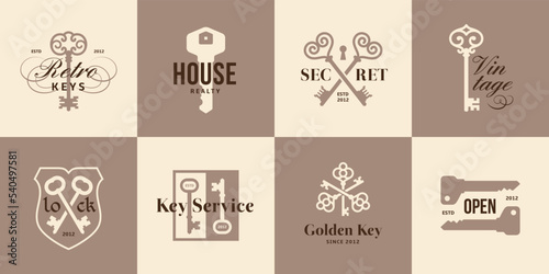 Vintage key label. Real estate logos, medieval keys emblem. Luxury premium house symbols. Private and secret, property tidy vector graphic