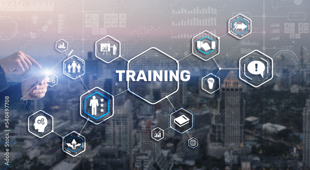 Trainning concept. Businessman pressing on touch screen interface inscription Trainning concept. Businessman pressing on touch screen interface inscription