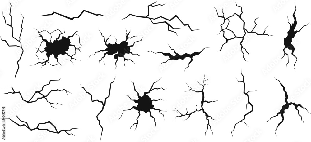 Ground split fracture line. Wall crack black silhouettes, earthquake effect. Fissure top view, surface damage and holes racy vector elements