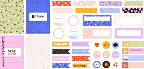 Cartoon stickers cute elements. Diary quote sheets, planner kids pad. Creative art notes paper, children notebook covers. Racy vector memo and tapes