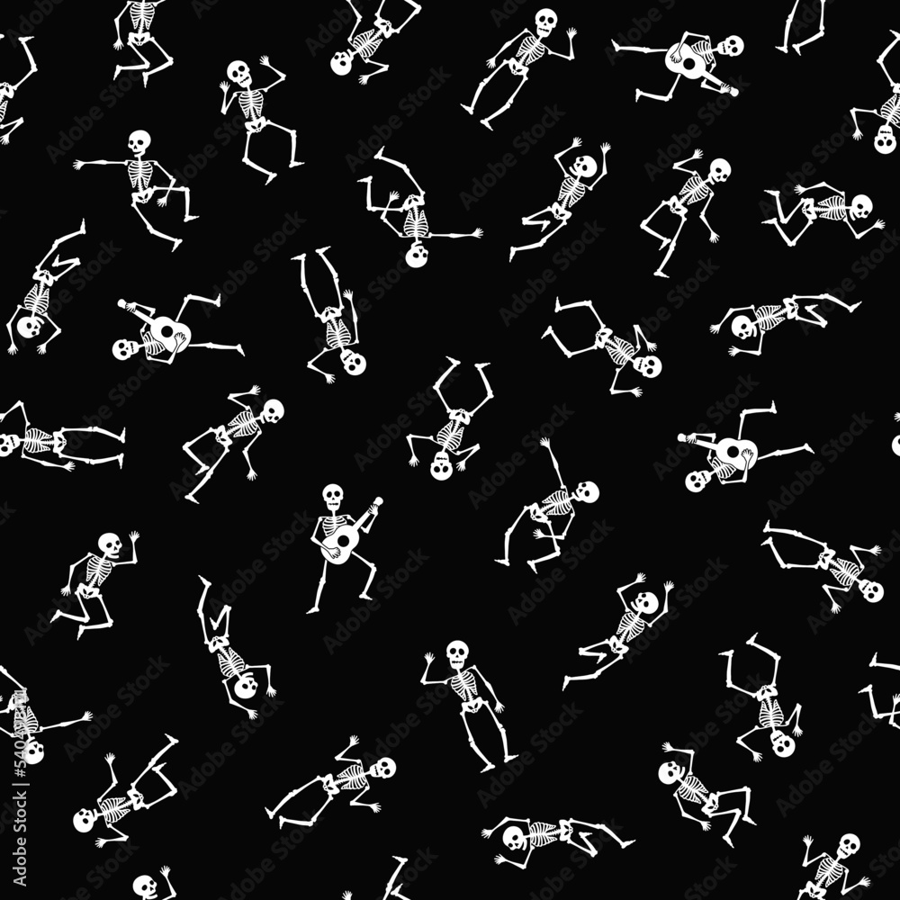 Dancing skeletons seamless pattern. Halloween skull background. Funny wrapping, textile, fabric, wallpaper, black white digital paper