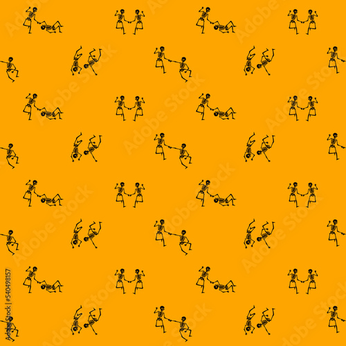Dancing skeletons seamless pattern. Halloween skull background. Funny holiday wrapping, orange black colors textile, fabric, wallpaper, digital paper