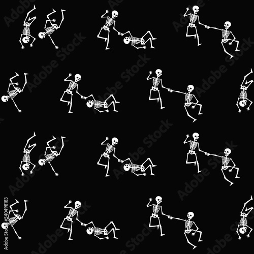 Funny Halloween seamless pattern with skeletons. Falling, rising and dancing human bones. Vector repeating texture for wrapping paper, textile. Black and white design