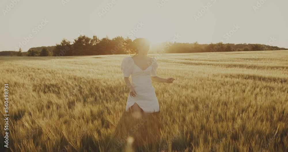 Beautiful Ukrainian young woman walking alone in yellow wheat meadow. Brunette girl in peace with summer nature. Relax freedom concept. Peaceful happy Ukraine. Floral landscape outdoors 4k slow motion Beautiful Ukrainian young woman walking alone in yellow wheat meadow. Brunette girl in peace with summer nature. Relax freedom concept. Peaceful happy Ukraine. Floral landscape outdoors 4k slow motion