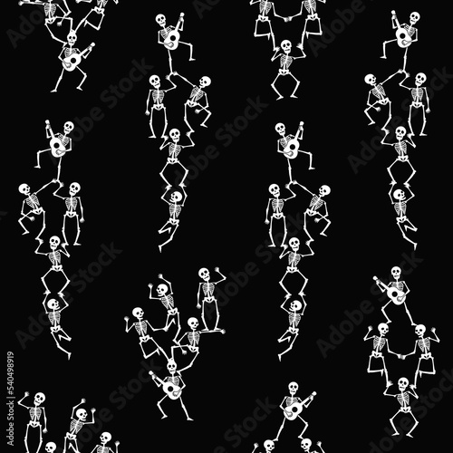 Dancing skeletons seamless pattern. Halloween skull background. Funny wrapping, textile, fabric, wallpaper, black white digital paper