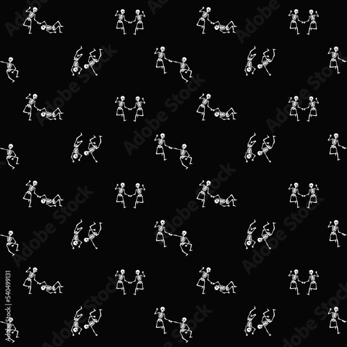 Dancing skeletons seamless pattern. Halloween skull background. Funny wrapping, textile, fabric, wallpaper, black white digital paper