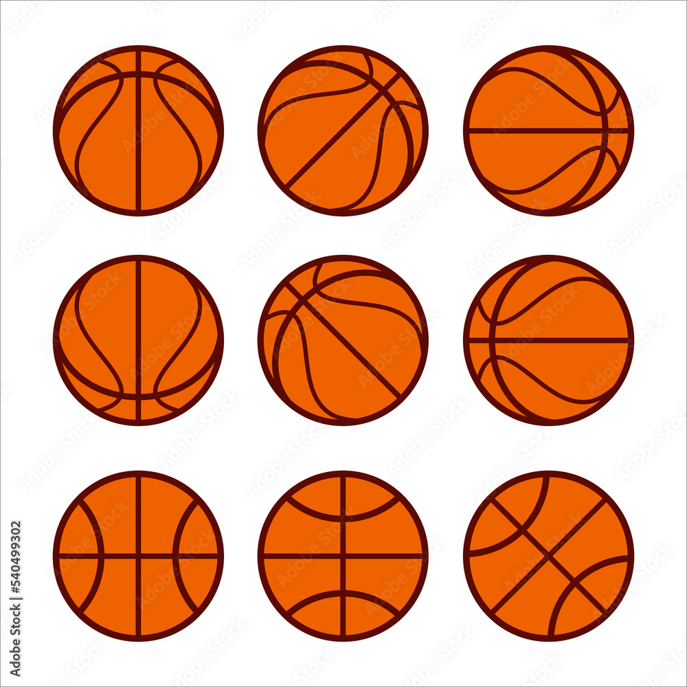 Ball collection. Set of basketball in different views. Flat vector illustration, isolated elements on white background