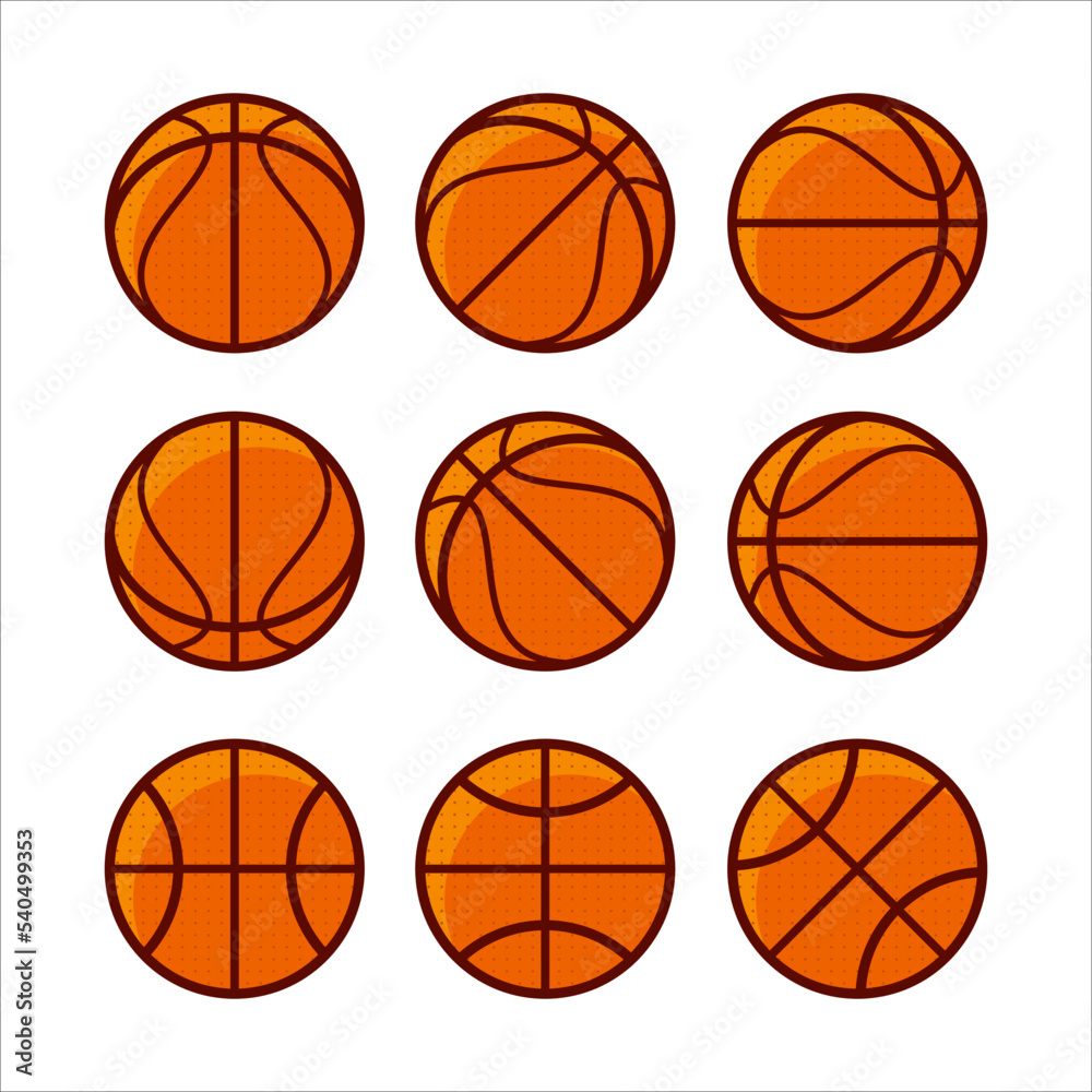 Basketball set. Orange ball with texture and shadow. Vector illustration, isolated elements on white background