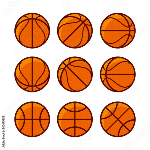 Basketball set. Orange ball with texture and shadow. Vector illustration, isolated elements on white background