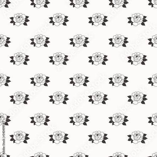 Black white botanical pattern. Flower seamless background. Monochrome floral repeating texture. Peonies, roses, poppy and small wild meadow herbs. Repeat tile vector illustration, wrapping, textile, f