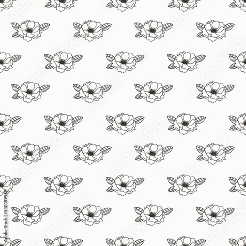 Black white botanical pattern. Flower seamless background. Monochrome floral repeating texture. Peonies, roses, poppy and small wild meadow herbs. Repeat tile vector illustration, wrapping, textile, f