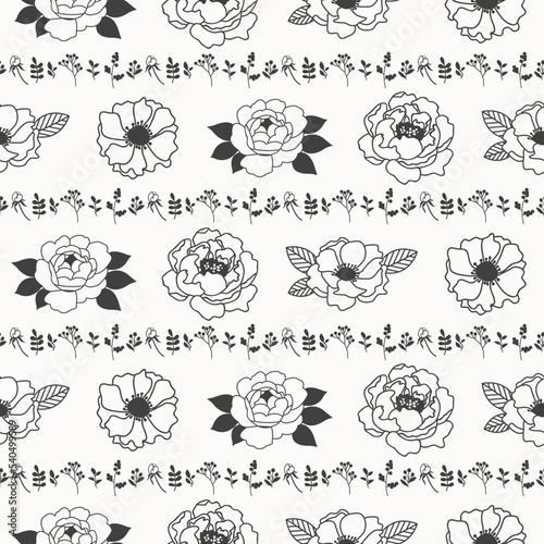 Black white botanical pattern. Flower seamless background. Monochrome floral repeating texture. Peonies, roses, poppy and small wild meadow herbs. Repeat tile vector illustration, wrapping, textile, f
