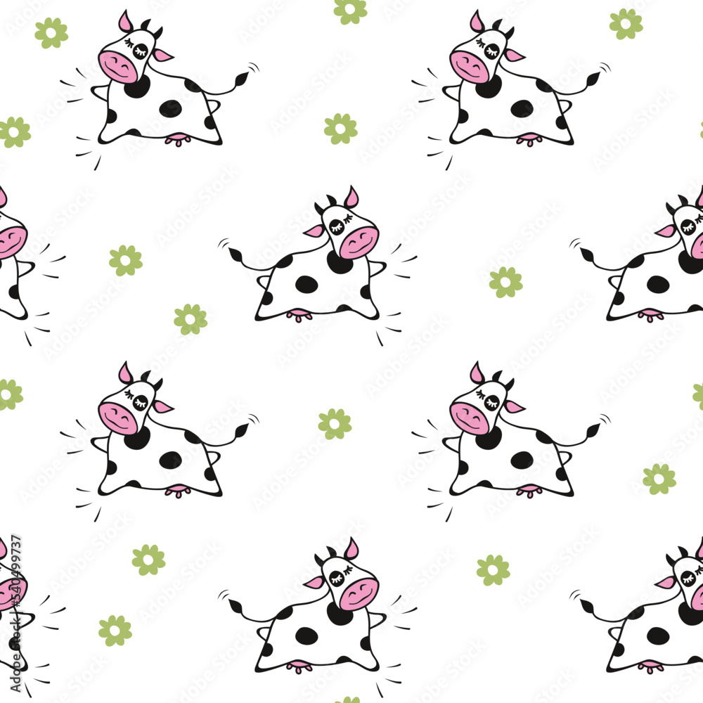 Jumping cow, country vector background, seamless pattern. Flying calf and flowers. Repeating surface texture for children fabric, baby textile, kids outfit, pajamas, wrapping, digital paper, wallpaper Jumping cow, country vector background, seamless pattern. Flying calf and flowers. Repeating surface texture for children fabric, baby textile, kids outfit, pajamas, wrapping, digital paper, wallpaper