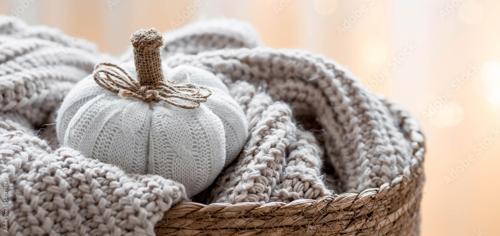 Still-life. Knitted pumpkin, orange pumpkins, beige knitted plaid in a homemade wicker basket. Cozy autumn concept. Home decor.