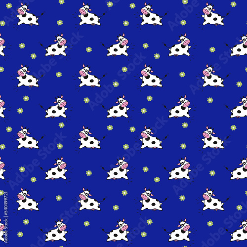 Jumping cow, funny kid seamless pattern. Farm animal, vector illustration. Funny heifer flying in blue sky. Repeating background for baby clothes, fabric, textile, wallpaper, bedding, wrapping paper