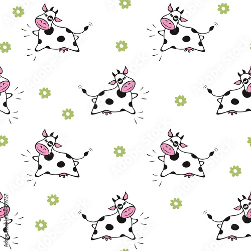 Jumping cow, country vector background, seamless pattern. Flying calf and flowers. Repeating surface texture for children fabric, baby textile, kids outfit, pajamas, wrapping, digital paper, wallpaper