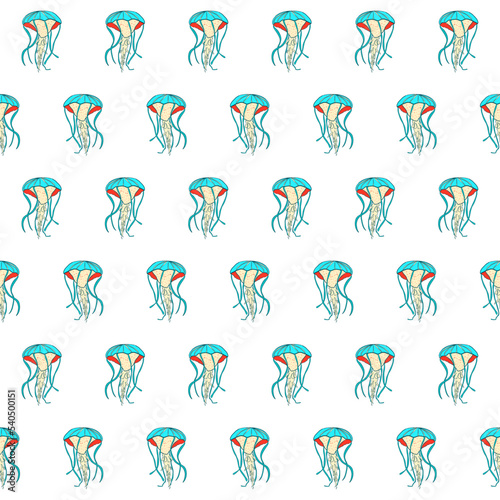 Jelly fish Jellyfish seamless pattern. Blue ocean wildlife animal on white background. Accurate nautical backdrop, marine texture for kids clothes, fabric, textile, wallpaper, bedding,seamless pattern