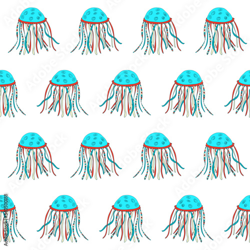 Jelly fish Jellyfish seamless pattern. Blue ocean wildlife animal on white background. Accurate nautical backdrop, marine texture for kids clothes, fabric, textile, wallpaper, bedding,seamless pattern