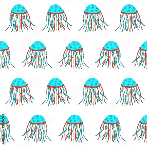 Jelly fish Jellyfish seamless pattern. Blue ocean wildlife animal on white background. Accurate nautical backdrop, marine texture for kids clothes, fabric, textile, wallpaper, bedding,seamless pattern