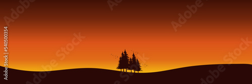 sunset landscape with pine tree silhouette flat design vector illustration good for wallpaper  background  backdrop  banner  and design template