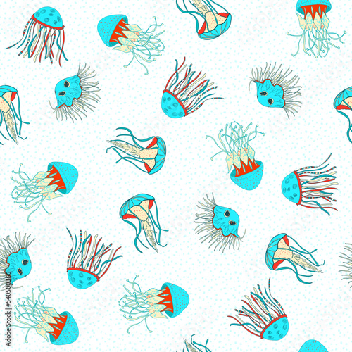 Jellyfish seamless pattern. Blue ocean wildlife animal on white background. Accurate nautical backdrop, marine texture for kids clothes, fabric, textile, wallpaper, bedding, digital paper, wrapping