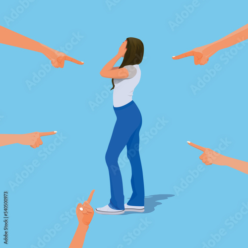 Victim women. Depressed girl in shame and hands with pointing finger. Guilty, ashamed female and blame in society vector concept. Woman frustrated, bullying employee illustration.