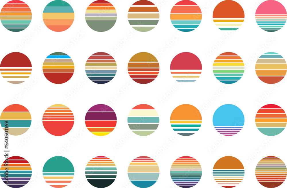 Retro sunset or sunrise collection, circle gradient, vintage colors. Background, vector illustration in blue, orange, red, beige. Round art design, summer evening, colorful morning gradation