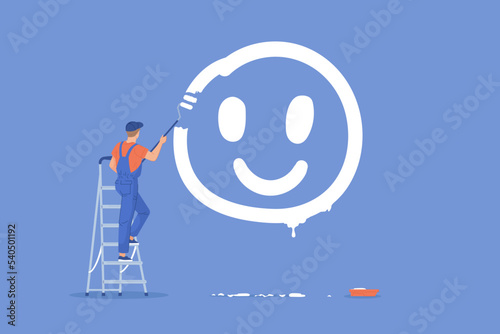 Paint smile concept. Psychology exercise optimal living, boy climbing ladder to painting fun face on wall, optimistic thinking mental therapy optimism energy, vector illustration