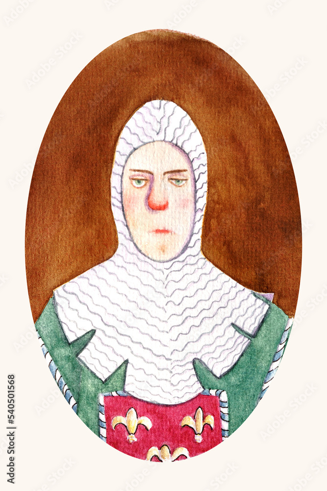 Oval portrait of knight in chain armor. Young man in historical costume