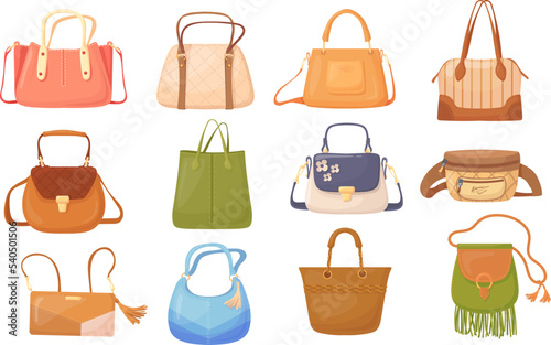 Cartoon leather handbags. Woman handbag with straps and chain accessories, fashion design model bag on shoulder, set luxury purse and trendy bags for lady, neat vector illustration