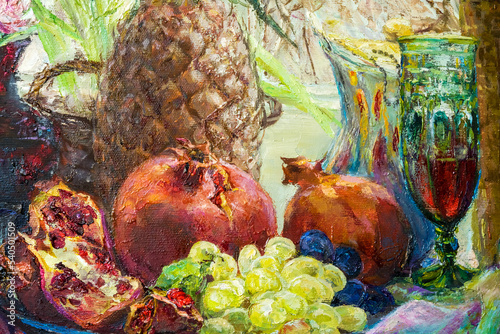 Still life with pomegranate, pineapple and grapes fruit. Oil painting on canvas.