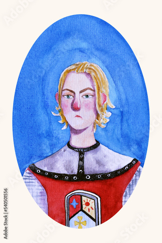 Colorful hand drawn illustration, watercolor character. Oval portrait of brave young man in historical costume. Medieval male - nobility, gentlefolk, prince, person of rank photo
